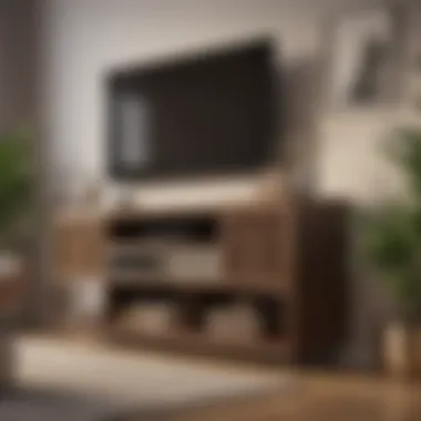 Aesthetic arrangement of a tall brown TV stand with decorative items