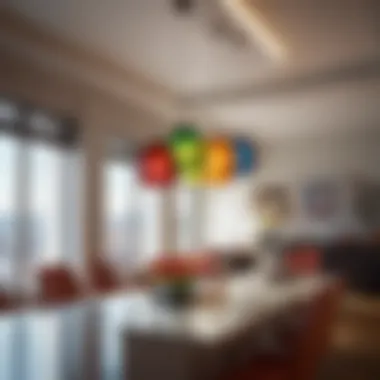 Colorful glass shades illuminating a modern interior