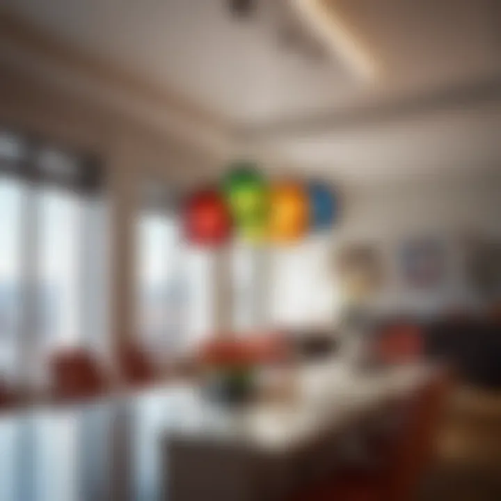 Colorful glass shades illuminating a modern interior