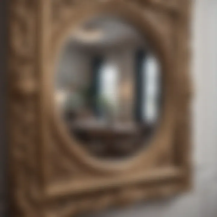 Close-up of intricate details on a decorative 12 x 12 wall mirror