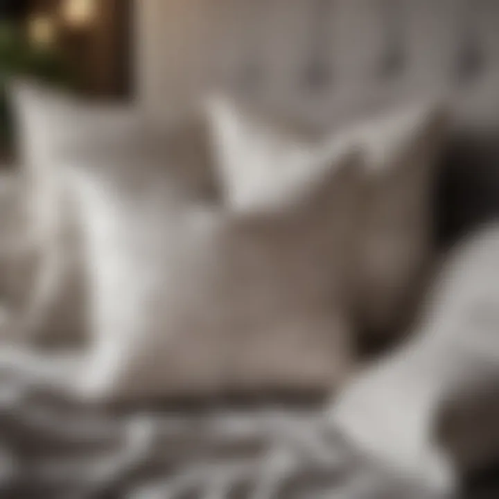 Close-up of luxurious cream and grey pillow covers highlighting fabric details