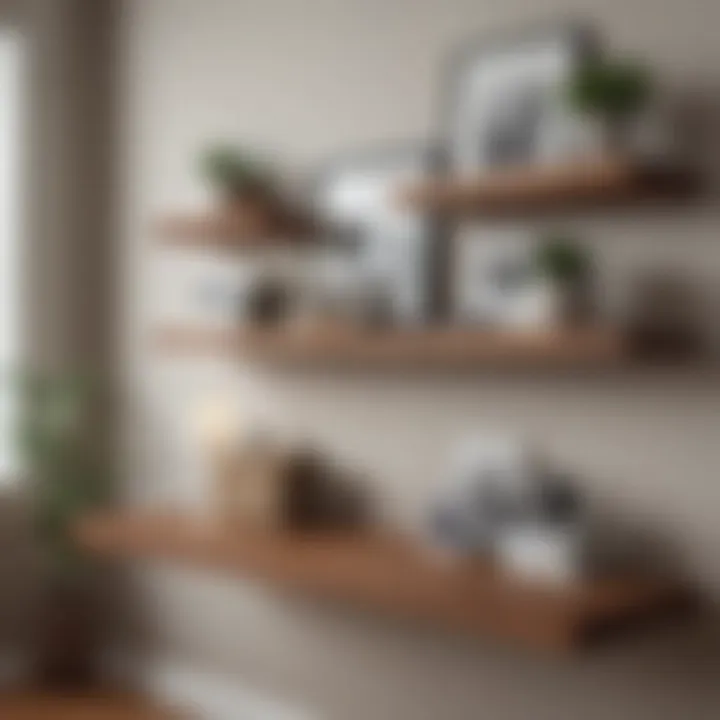 Installation of walnut floating shelves in a cozy home office