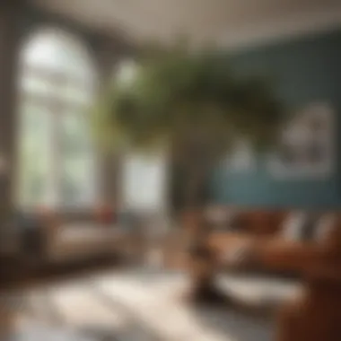 Elegant living room featuring a striking indoor tree as a centerpiece.