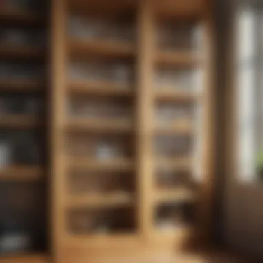 Close-up of glass doors on an oak bookcase reflecting light beautifully