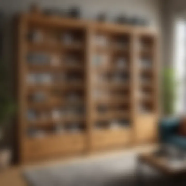 A well-organized oak bookcase with glass doors filled with artful items