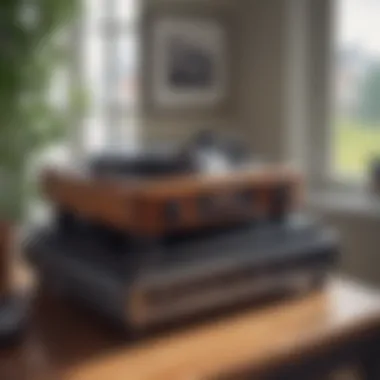 Stylish Turntable Stand with Vintage Charm Stylish turntable stand showcasing vintage audio equipment
