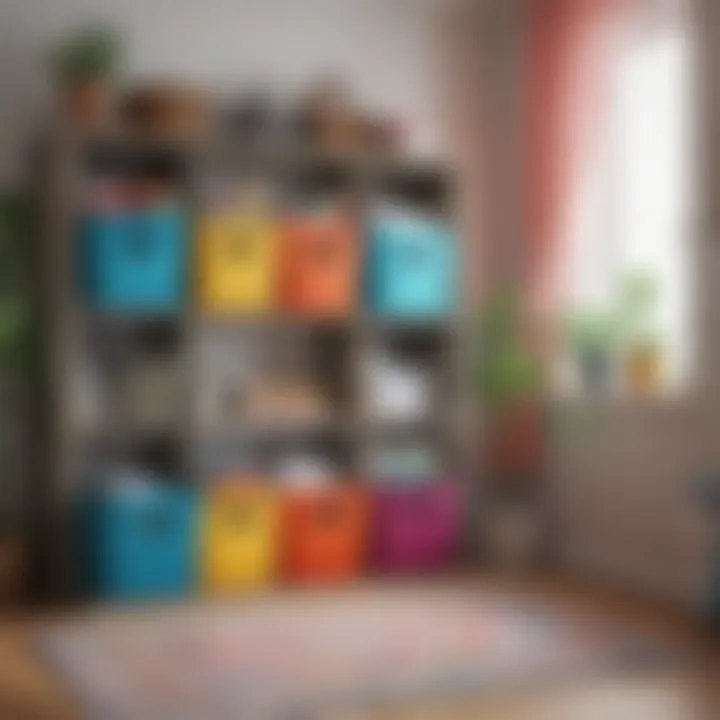 Colorful cloth storage bins organizing children's toys in a playroom